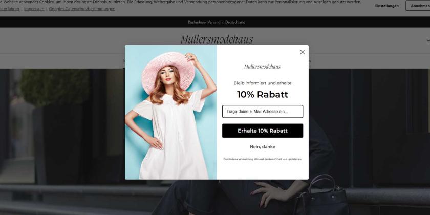 Screenshot der Seite Mullersmodehaus.com mit Rabatt Popup für ein Sommerkleid