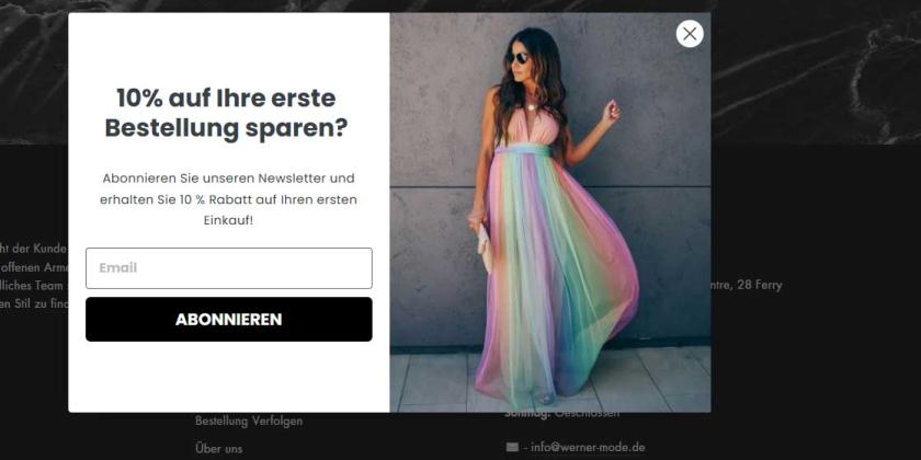 Screenshot der Seite werner-mode.de mit Rabatt Popup für ein Sommerkleid