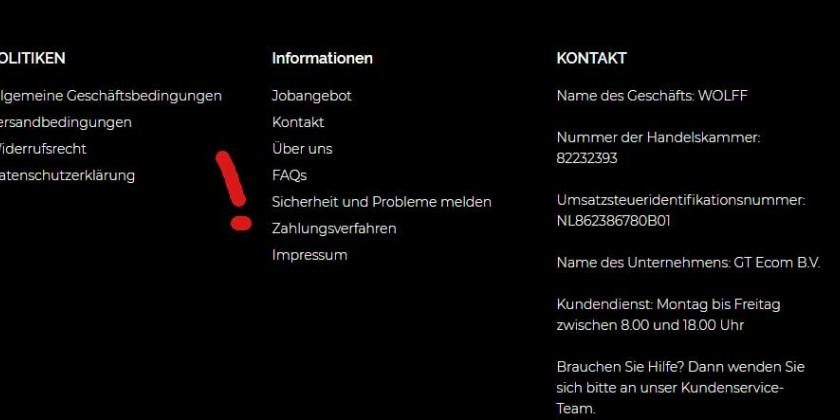 Screenshot mit Kontaktangaben einer Dropshippingseite mit roten Warnrufzeichen an problematischen Stellen