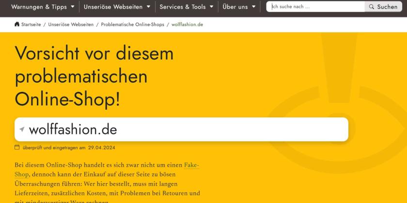 Screenshot der Seite watchlist-listinternet.at. Sie warnt vor einem Dropshipping Webshop