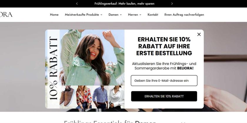 Screenshot der Startseite von beliora.de von einem Rabattfeld mit Emailabfrage überlagert