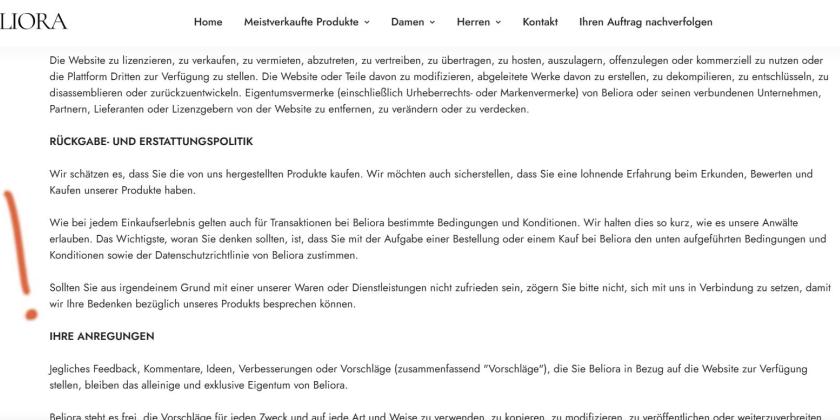 Screenshot der AGBS der Seite beliora.de mit roter Rufzeichen Markierung bei den vagen Rücknahmebedingen