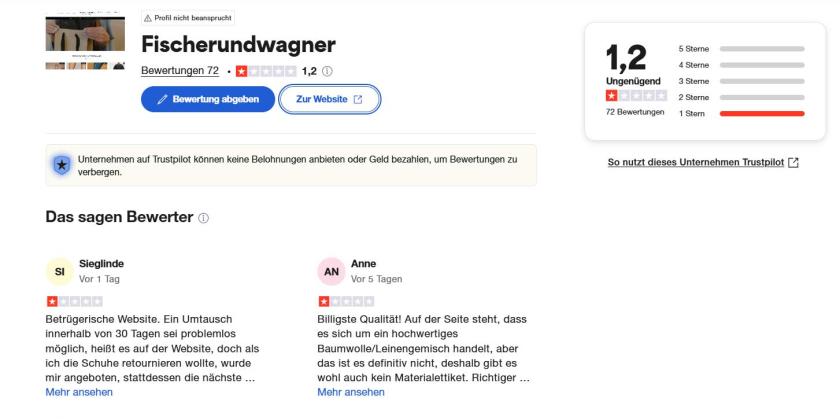 Screenshot der schlechten Wertungen auf der Trustpilot Seite von Fischer und Wagner
