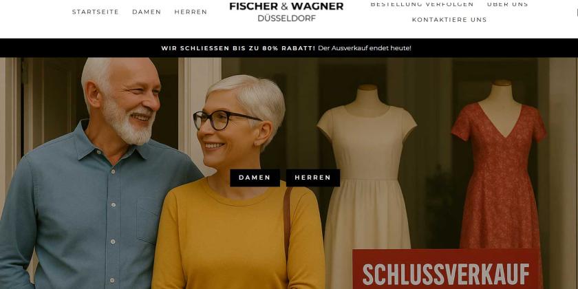 Screenshot der Seite fischerundwagner.de zeigt KI-generiertes Bild eines Ladengeschäftes mit einem Rentnerpaar davor