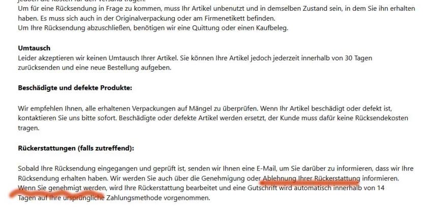 Screenshot der AGB Seite der Modehändlers Gerry Modehaus mit händisch rot markierten problematischen Passagen über Warenrückgabe