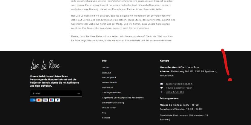 Screenshot des unteren  Randes der Dropshipping Seite Lisa Le Rose mit händisch hinzugefügtem roten Rufzeichen neben der niederländischen Adresse