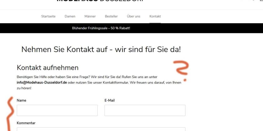 Screenshot der Seite von modehaus-dusseldorf.de ohne Telefonangabe