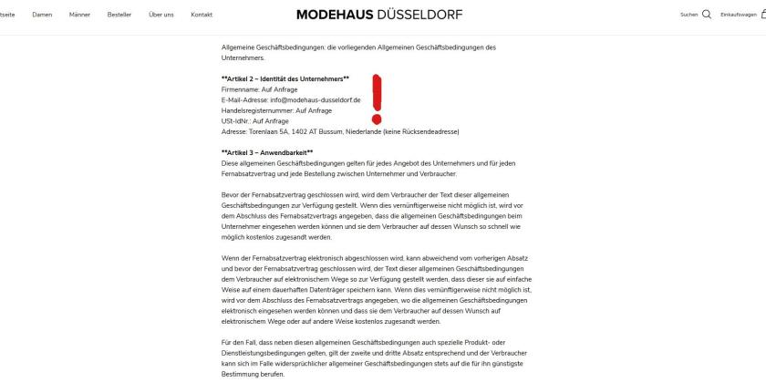 Screenshot der mangelhaften Kontaktseite des Webshops Modehaus Düsseldorf ohne Adresse und Telefon