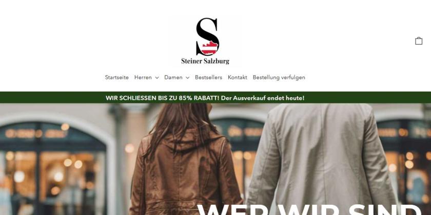 Webshop Steinersalzburg mit Österreich Fahne im Logo und Foto von zwei handhaltenden Jungen Leuten in einer Innenstadt