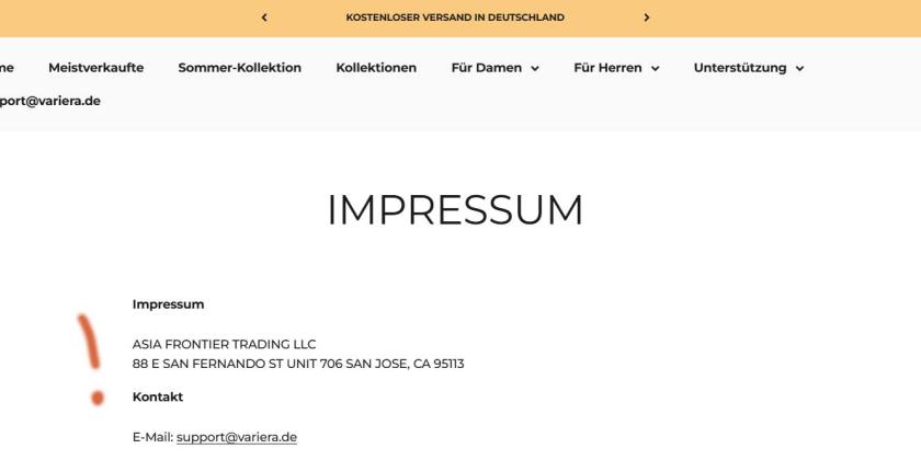 Screenshot des Impressums der Seite valiera.de