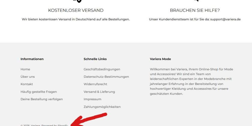Screenshot des unteren Endes der Seite variera.de mit einem &quot;Powered by Shopify&quot; Label