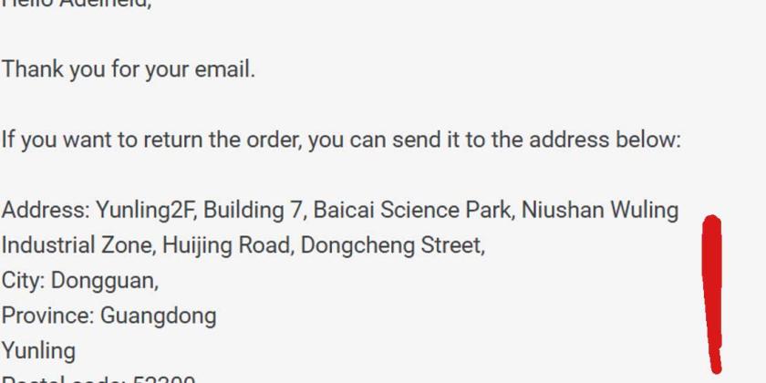 Screenshot einer Emailantwort an eine Kundin, in welcher sie aufgefordert wird das Paket nach Asien zurück zu schicken.