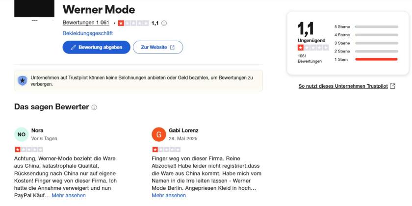 Screenshot der schlechten Wertungen auf der Trustpilot Seite von Werner Mode