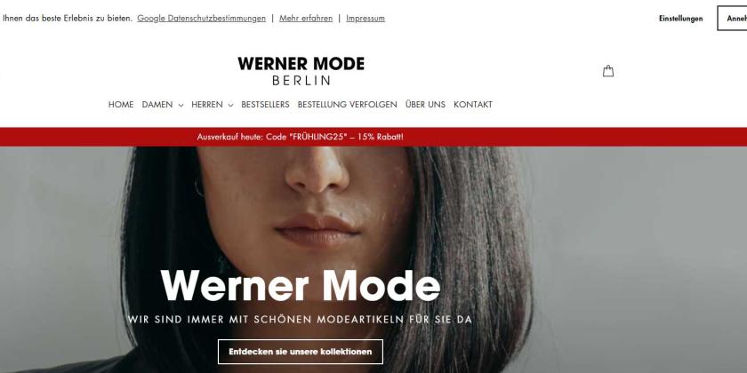 Screenshot der Seite werner-mode.de zeigt Foto eine Frau mit dunklem Schulterlangem Haar in einem Business-Jacket