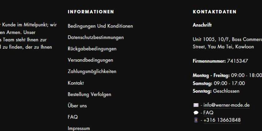 Screenshot des unteren Bereicht der Seite wernermode.com gibt Postadresse in HongKong an