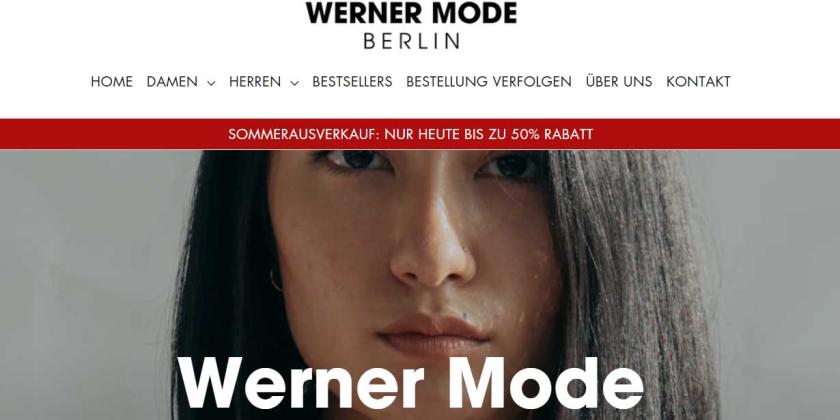 Screenshot der Seite werner-mode.de zeigt Foto eine Frau mit dunklem Schulterlangem Haar in einem Business-Jacket, darüber eine rote Rabatt zeile