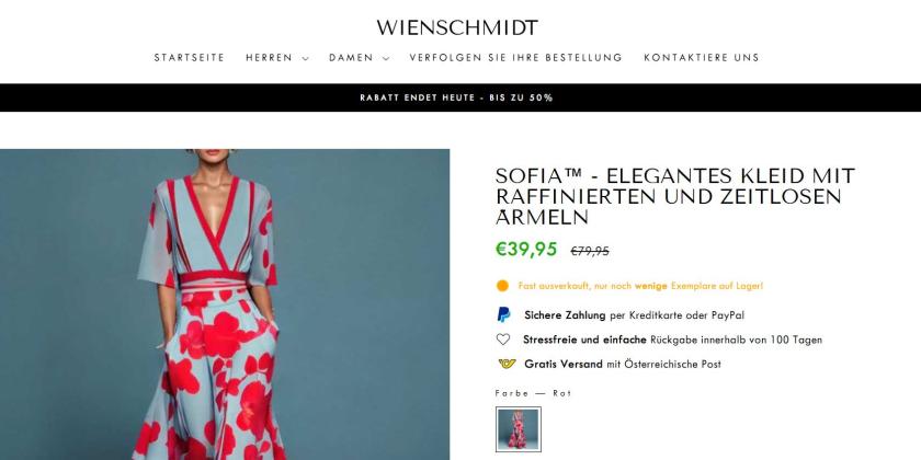 Screenshot der Seite wienschmidt.at zeigt Model im roten Sommerkleid