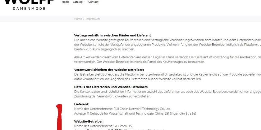 Screenshot der Seite Wolff Damenmode mit händisch hinzugefügtem Rufzeichen an der Stelle mit chinesischer und holländischer Adresse