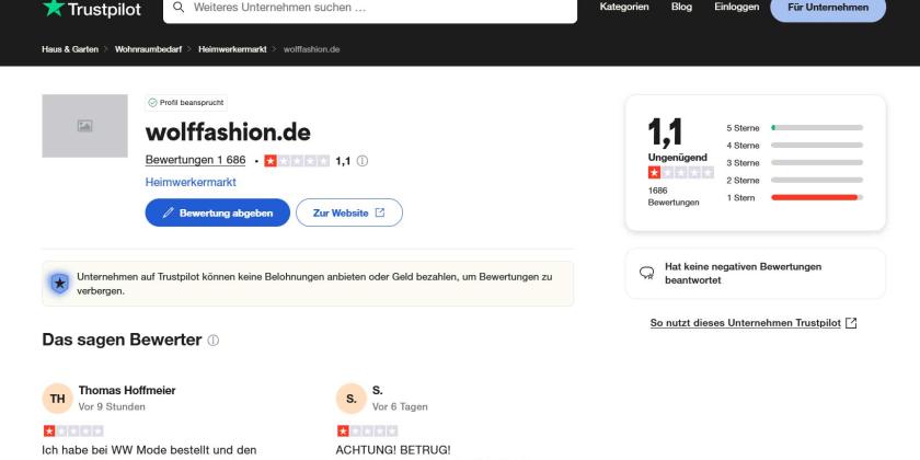 Screenshot von Trustpilot der Seite von wolffashion.de mit User-Kommentar welcher wwmode schlecht bewertet