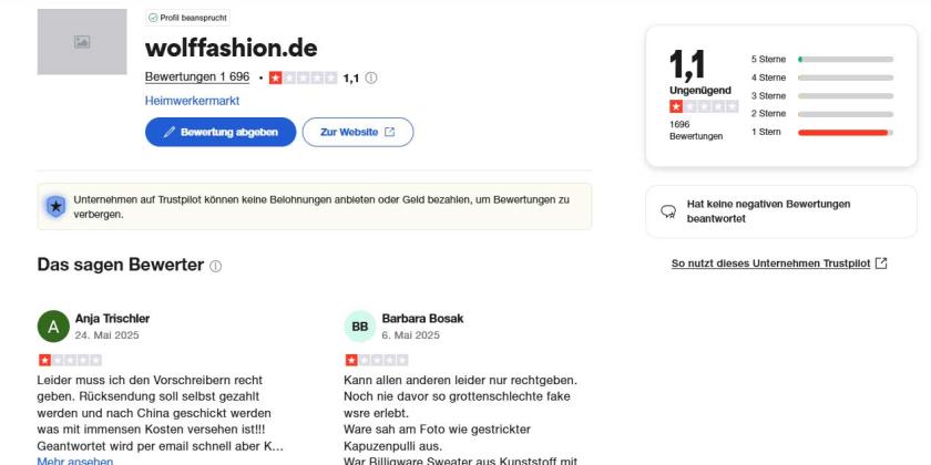 Screenshot der schlechten Wertungen auf der Trustpilot Seite von Wolff Fashion