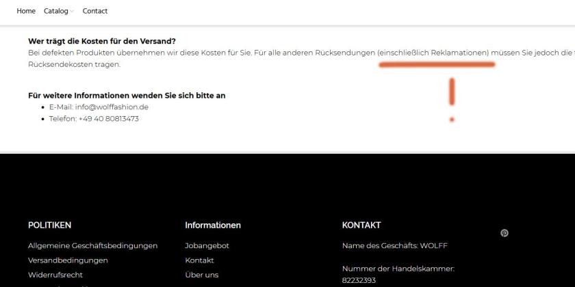 Screenshot der FAQs von Wolff Fashion mit händisch rot unterschrichener Passage, die sagt dass Kunden bei Reklamation selbst das Rückporto zahlen müssen