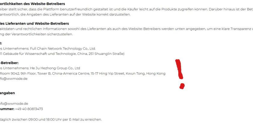 Screenshot der &quot;Über uns&quot; Seite von wwmode.de mit rotem Rufzeichen bei den asiatischen Adressen