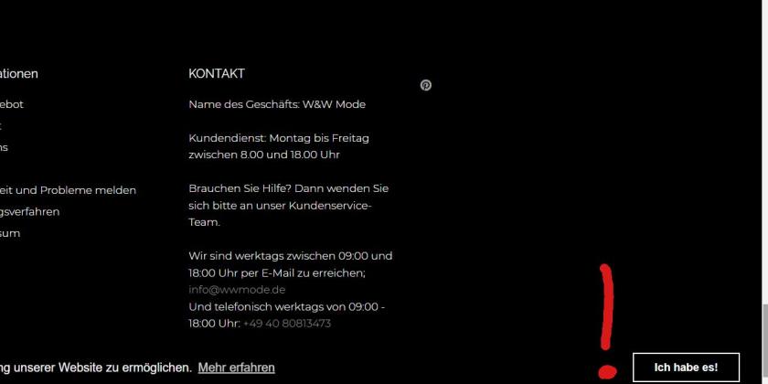 Screenshot des unteren Endes der Seite von ww-mode.de mit einer &quot;Ich habe es!&quot; Schaltfläche