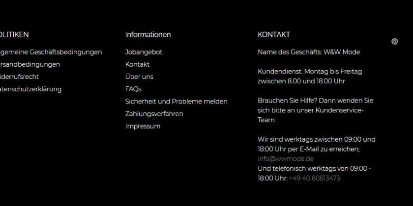 Screenshot des unteren Webseitenendes mit Kontaktangaben von wwmode.de