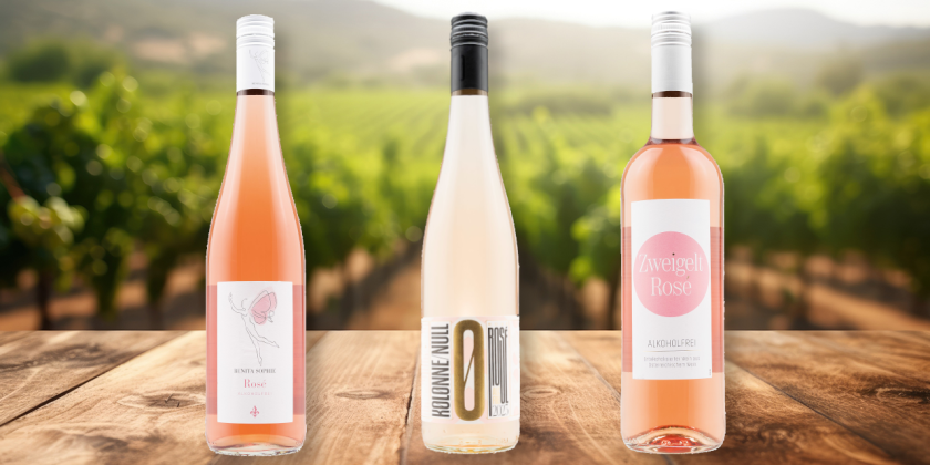 Alkoholfreier Wein Test - Gruppenbild unserer Testkandidaten in der Kategorie Rose