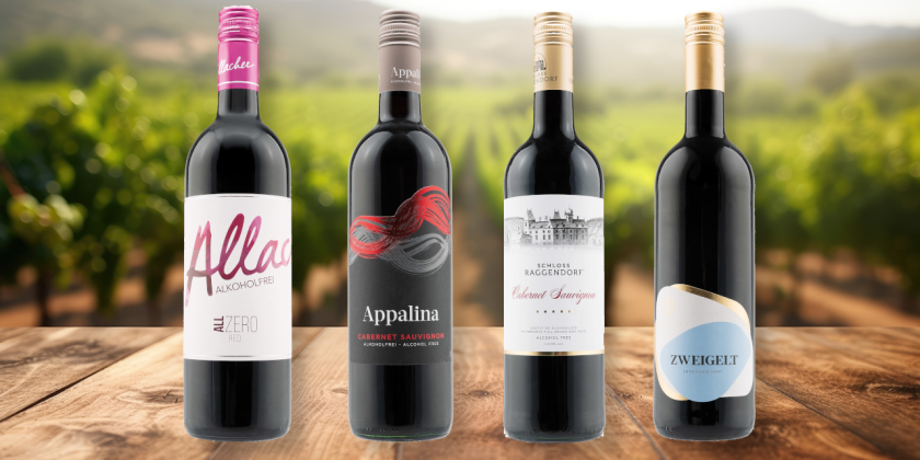 Alkoholfreier Wein Test - Gruppenbild unserer Testkandidaten in der Kategorie Rot