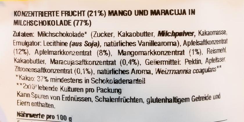 Die Zutatenliste der Tante Frida Choco Smoothies in schwarzer Schrift auf weißem Hintergrund.
