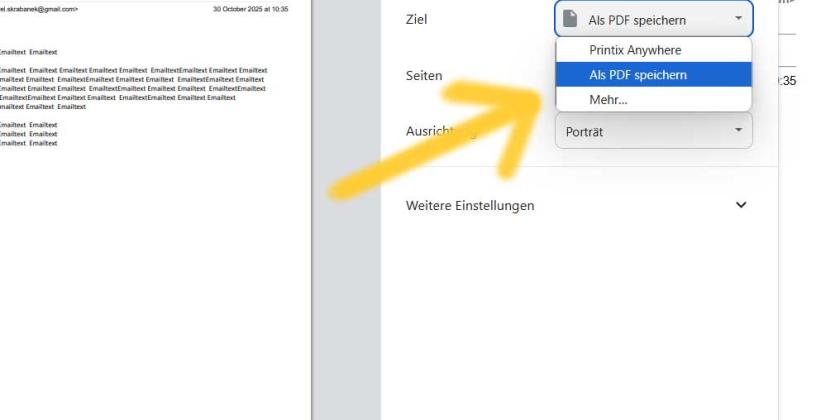 Gmail Screenshot Email als PDF drucken 2 Screenshot von Gmail zeigt Menüpunkt wo man Email als PDF speichern kann
