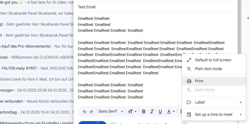 Gmail Screenshot Email als PDF drucken Screenshot von Gmail zeigt Menüpunkt wo man Email als PDF speichern kann