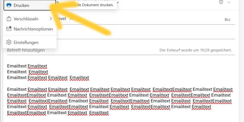 Outlook Screenshot Email als PDF drucken Screenshot von Outlook zeigt Menüpunkt wo man Email als PDF speichern kann