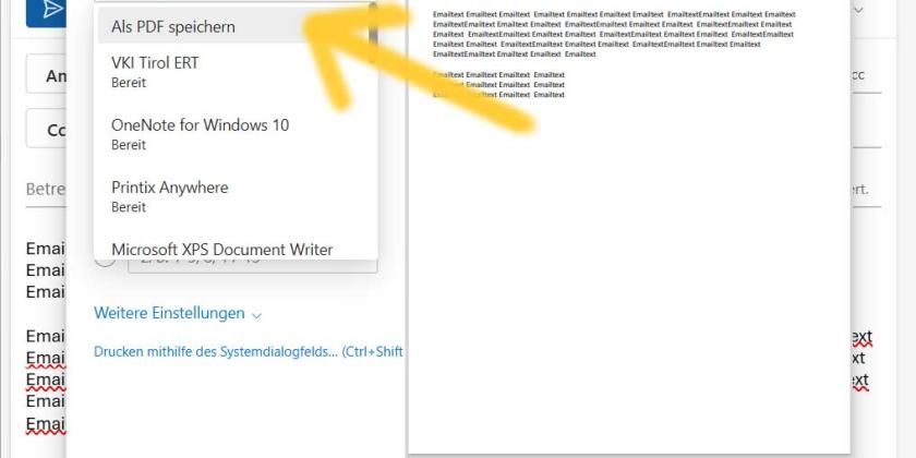 Outlook Screenshot Email als PDF drucken 2 Screenshot von Outlook zeigt Menüpunkt wo man Email als PDF speichern kann