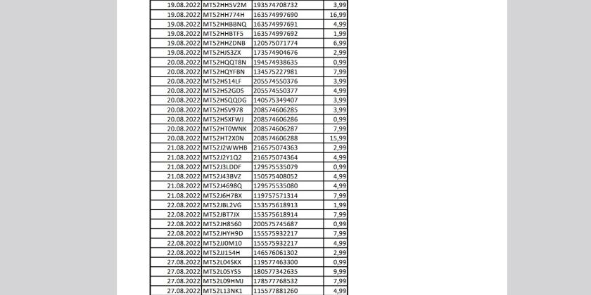 Bild zeigt den Ausschnitt einer sehr langen Liste von In-App-Käufen des beschreibenen Falles