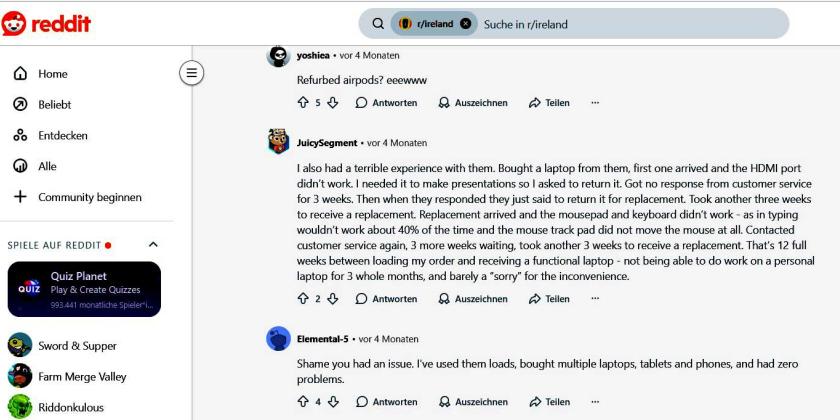 Kunde beschwert sich auf Reddit über schlechten Kundendienst von Refurbed bzw. Händler