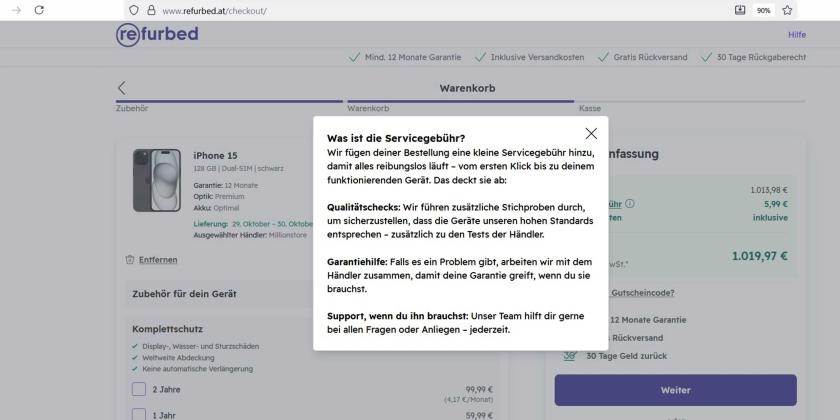 Screenshot des Warenkorbs von Refurbed zeigt Hinweis auf Servicegebühr