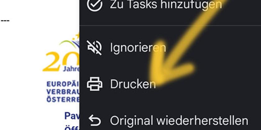 Screenshot of a smartphone showing various menu items in the email programme. The ‘Print’ option is marked with a yellow arrow.