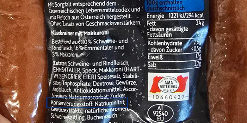 Zutatenliste der Krainer „Chili Bro's". Blau hervorgehoben ist die Angabe „Konservierungsstoff: E 250".