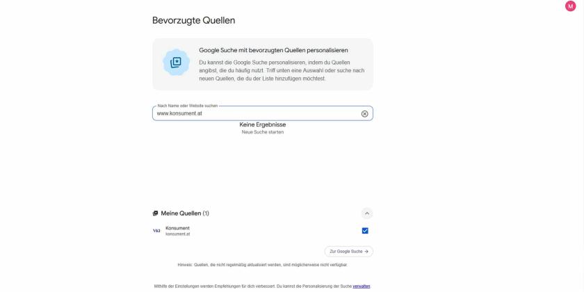 Google personalisieren und bevorzugte Quellen einstellen: Schritt 3