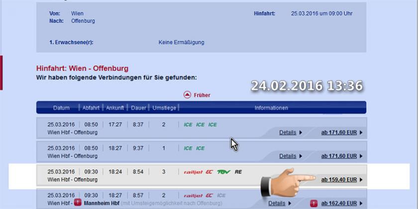 B ÖBB Preisunterschiede 6 2016-03 800px Report ÖBB Preisunterschiede: Andere Preise im "alten" Ticketshop (Bild: VKI)
