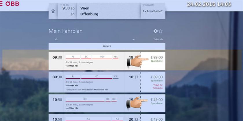 B ÖBB Preisunterschiede 8 2016-03 800px Report ÖBB Preisunterschiede: Sparen durch spätere Abfahrt (Bild: VKI)