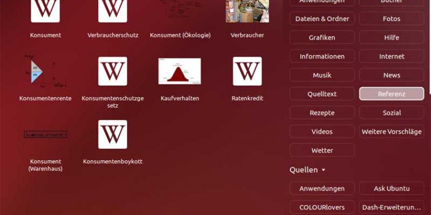 B 03 Linux Arbeiten Ubuntu 800px Suchergebnisse filtern Linux Ubuntu: In der Dash-Suche lassen sich die Ergebnisse nach bestimmten Kriterien filtern (Bild: Simon Mayer/VKI)
