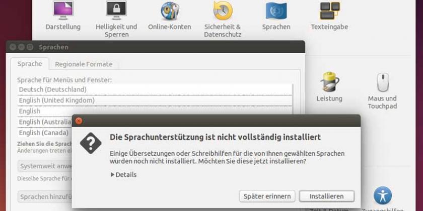 B 08 Linux Arbeiten Ubuntu 800px Sprachunterstützung nachinstal Linux Ubuntu: Die deutschen Sprachpakete sind standardmäßig leider nicht vollständig installiert. Bei aktiver Internetverbindung kann dies im Menüpunkt „Sprachen“ der Systemeinstellungen jedoch schnell nachgeholt werden  (Bild: Simon Mayer/VKI)
