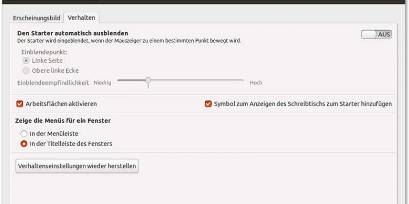 B 10 Linux Arbeiten Ubuntu 800px Systemeinstellungen Verhalten Linux Ubuntu: Unter dem Reiter "Verhalten" lässt sich der Desktop mit weiteren Optionen konfigurieren (Bild: Simon Mayer/VKI)