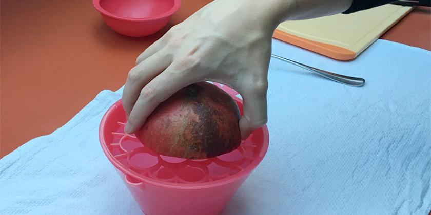 B Granatapfelentkerner 2016_04 Das Sieb auf der Schüssel platzieren und den Granatapfel auf das Sieb legen.