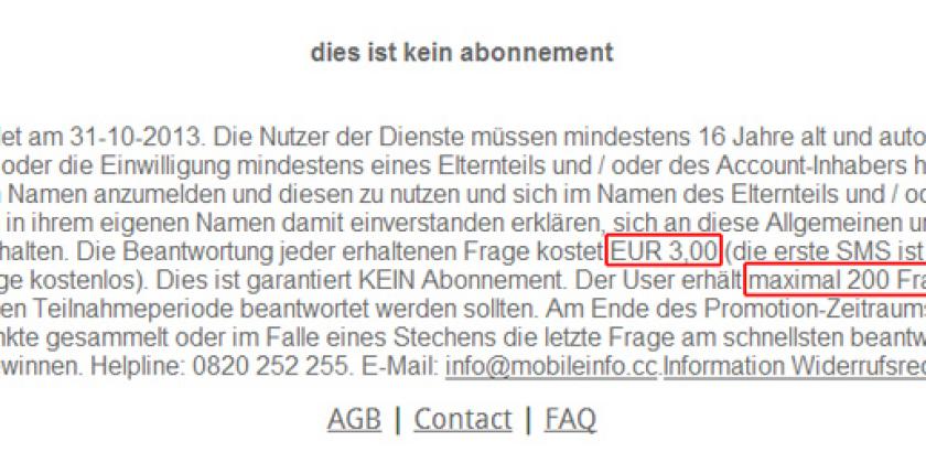 Das Kleingedruckte verrät die Teilnahmebedingungen, die Anzahl der maximalen Fragen (bis zu 200) und den Preis von 3 Euro/SMS (Screenshot/VKI)