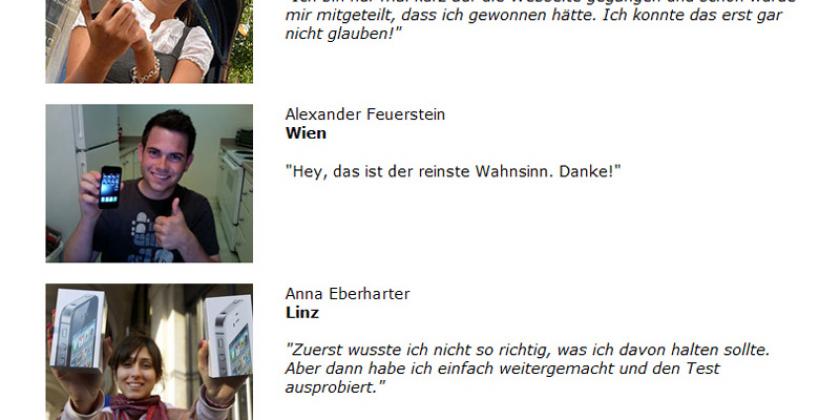 Auf dem unteren Teil der Seite sind angebliche Gewinner aus vorangegangenen Gewinnspielen angeführt. (Screenshot/VKI)