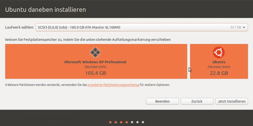 B Umstieg auf Linux - Schritt 4 800px Umstieg auf Linux - Schritt 4: Ubuntu daneben installieren (Bild: VKI-Screenshot)